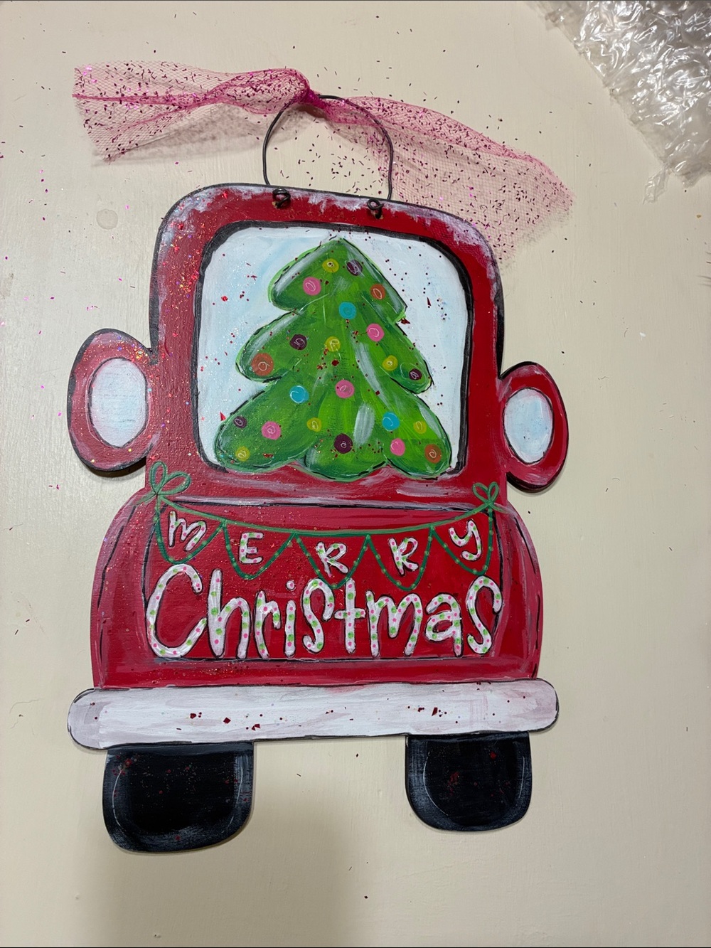 Hand-Painted Red Truck Christmas Wall Hanging